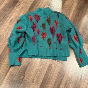 Farm Rio Monstera Teal Heart Patterned Sweater